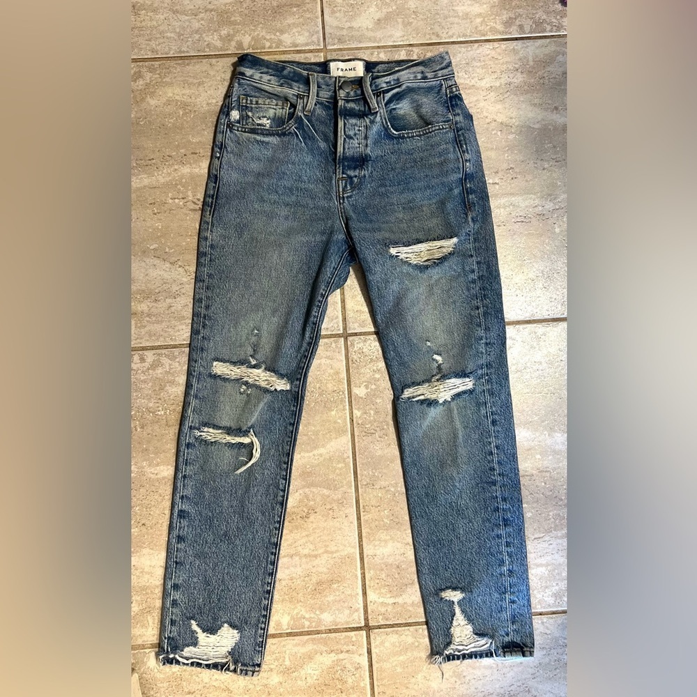 FRAME Le Original Distressed Straight Leg Jeans in Cascade Blue Rips-SZ 24 - Picture 13 of 15